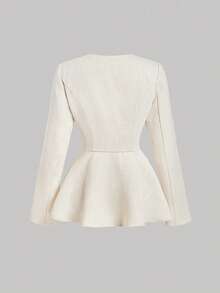 SHEIN MOD 杏色双排扣长袖女士优雅荷叶边下摆夹克，秋装，女士夹克，冬季女装，新年，情人节，女巫，商务女装 - 杏色 - 查看 3