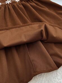 Loomiva Baby Girl Floral Print Ruffle Collar Long Sleeve Cinched Waist Dress, Thickened For Winter - Rust Brown - View 7