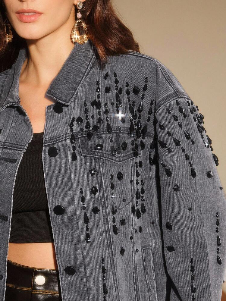 Chaqueta de mezclilla negra con adornos de diamantes en estilo vintage para mujer