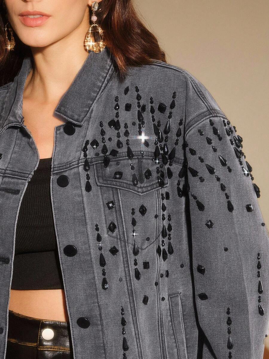 Anewsta Vintage Style Diamond Embellished Black Denim Jacket For Women - Black - View 1