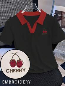 INAWLY Women's Summer Cherry Letter Embroidery Contrast V-Neck Short Sleeve T-Shirt - Black - View 3