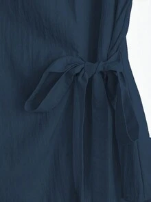 Linhara 女士纯色编织系腰泡泡袖纽扣衬衫，短袖，夏季 - 藏蓝色 - 查看 5