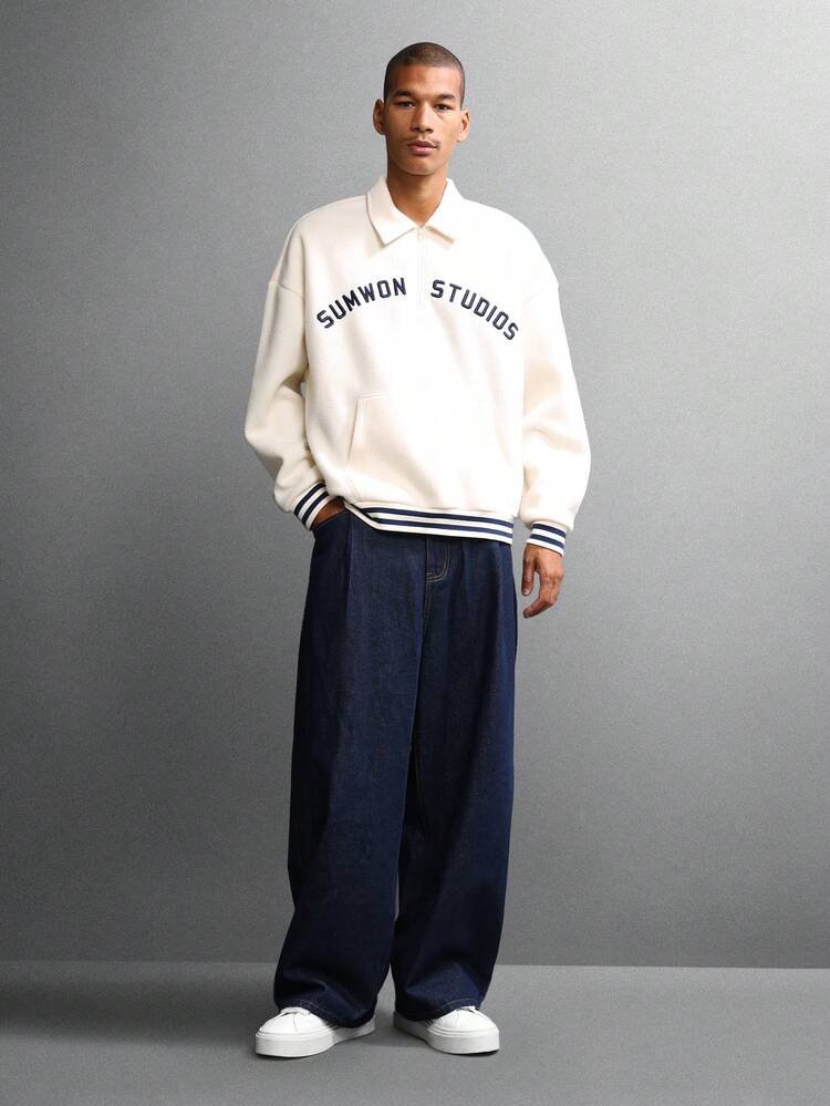 Boxy Half Zip Sweatshirt With Chest Logo Print