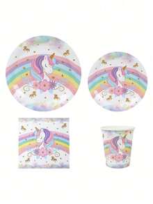 Set 8 veselă decorativă de unică folosință cu tematică de unicorn, 8 farfurii de hârtie de unică folosință de 7 inch și 9 inch, 8 pahare de hârtie, 16 șervețele, tacâmuri de hârtie potrivite pentru petreceri în familie, veselă în stil unicorn curcubeu, provizii de ziua de naștere.