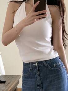 DAZY Hong Kong Style U-Neck Spaghetti Strap Camisole, Fitted Sleeveless Crop Top For Women Going Out Tops - White - View 6