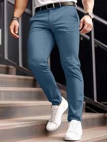 Manfinity Mode Pantalones de traje ajustados de unicolor casual para hombre, cinturón no incluido, formal, ceremonia - Azul - Ver 3