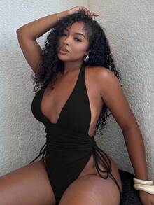 Alexandranx 女士夏季沙滩装，法式纹理面料系带前侧褶皱连体泳衣 - 黑色 - 查看 1