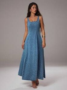 Avantive Trang phục Hawaii cho nữ, váy dã ngoại, trang phục câu lạc bộ, váy tiệc trà, trang phục tốt nghiệp, váy dự tiệc cho nữ, trang phục công sở cho nữ, váy cho phụ nữ phương Tây, váy denim jacquard dài thanh lịch dành cho quý cô - Rửa nhẹ - Xem 3