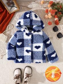 Baby Girl Heart Pattern Plush Long Sleeve Single-Breasted Hooded Jacket Fall Winter