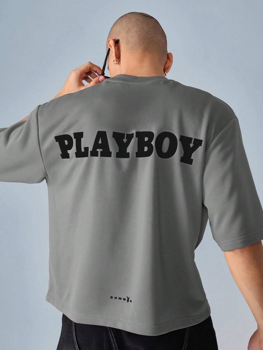 PLAYBOY X SUMWON Oversized Casual Summer Crop T Shirt Contemporary Short Sleeve Ribbed Neckline Bunny Logo Classic Streetwear Comfort Fashion Basic Wear - Grey - View 1