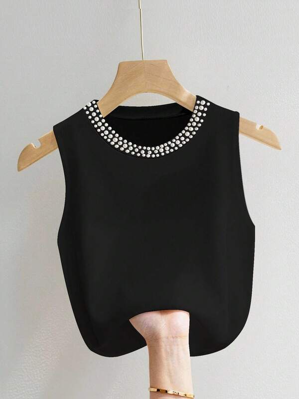 INAWLY Women's Elegant Faux Pearl Beaded Round Neck Tank Top, Summer