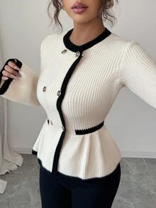 Selianne Women's Elegant Round Neck Front Button Design Contrast Color Sweater Fall Winter Cloth For Women - Black and White - View 6
