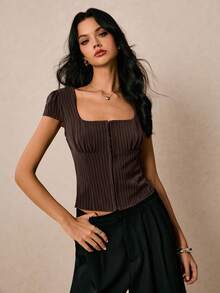 Poéselle Áo nữ Áo sọc Áo sơ mi tay ngắn Áo sơ mi nữ Áo crop top Áo thun nữ mùa hè thường ngày Áo thun kẻ sọc ôm vừa vặn Áo thun đồng quê Buổi hòa nhạc Buổi hòa nhạc Phụ nữ Sinh nhật Đường phố Lễ hội - màu nâu - Xem 3