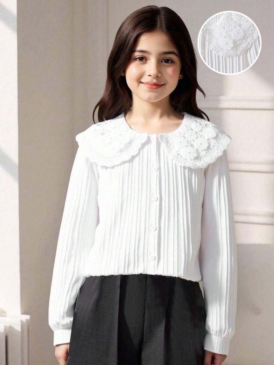 SHEIN Mädchen elegante, süße, niedliche besticktes Bluse mit Peter-Pan-Kragen, aufgeblähte Ärmel Knopfleiste gestreiftes Lässig Prinzessin Hemd, geeignet für Urlaub, Reise, Geburtstag, Frühling/Herbst