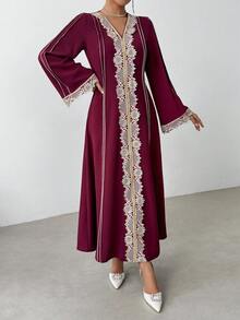 Rafferiza Women's Loose V-Neck Ruffle Long Sleeve Robe, Turkish Long Robe, Arabic Abaya Fall Cloth For Women - Burgundy - View 6