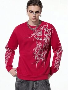 ROMWE MEN Goth Men's Thorn Print Long Sleeve Pullover Sweatshirt - Burgundy - View 1