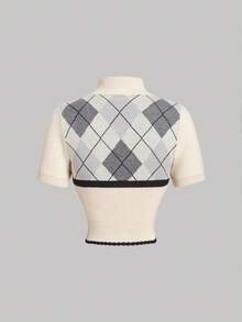 SHEIN MOD 立领双色千鸟格修身优雅短袖针织毛衣，冬季毛衣，叠穿毛衣，学院风毛衣，新年服装 - 彩色 - 查看 2