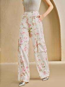 Anewsta Celana Panjang Wanita Model Longgar Kasual Elegan Motif Mawar, Cocok untuk Liburan Musim Semi/Panas - Aprikot - View 5