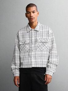 SUMWON 长袖纹理粗花呢衬衫，宽松版型，正面纽扣，白色格纹印花，短款现代街头风格，秋冬上衣