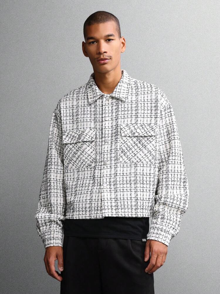 White Tweed Cropped Shirt With Check Pattern
