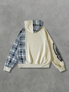 ROMWE MEN Prep Men's Letter & Plaid Patchwork Print Pullover Hoodie - Apricot - View 2
