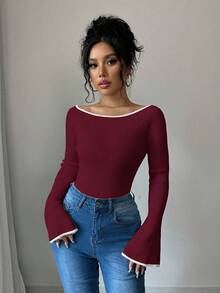 Elenzga 女式修身喇叭袖修剪时尚毛衣，秋季 - 酒紅色 - 查看 3