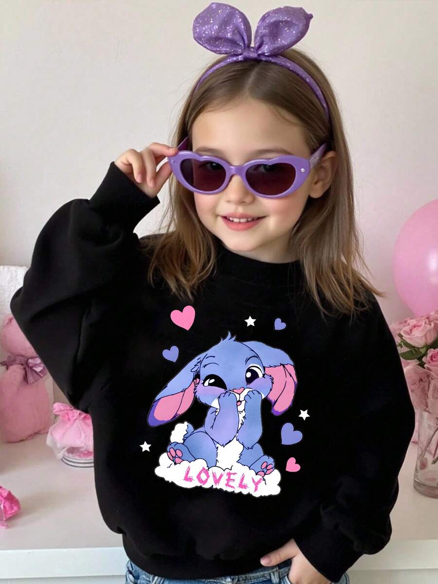 Young Girl' Casual Creative Blue Rabbit Graphic Print Basic Round Neck Sweatshirt Sweatshirt For Girls Kids Sweatshirts Lovely Sweatshirt Bunny Sweatshirt Fall Winter - Black - View 1