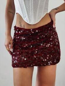 Firerie 女式低腰亮片刺绣茄子紫色迷你裙，适合夏季度假、性感派对、音乐节、舞会和日常穿着 - 紅色 - 查看 4