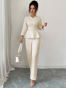 Elenzga Women's Fashion Commuter Elegant 3/4 Sleeve Cinched Waist Umbrella Hem Round Neck Cutout Collar Blouse Paired With Suit Pants, 2 Pieces Casual Outfit Set