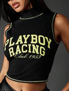 Missguided x Playboy Baumwoll-Rennrad-Tanktop mit Stehkragen und Kontraststreifen in Limette - Schwarz - Übersicht 4