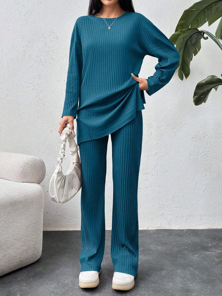 EURMUSE Camiseta de algodón con hombros caídos y pantalones con bajo dividido - Agua verde azul - Ver 1