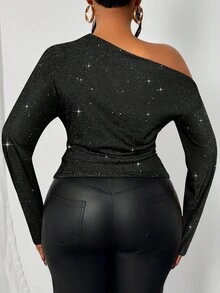 SOLERSUN Camiseta de manga larga versátil con hombros oblicuos de tela brillante de unicolor para mujer de talla grande, tops regulares, camiseta simple y de moda, para invierno, Acción de Gracias, vuelta al colegio, Halloween, estilo de fiesta - Negro - Ver 2