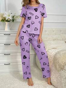 女士心形图案圆领短袖休闲上衣和裤子睡衣套装紫色睡衣套装薰衣草睡衣套装女士睡衣套装2件套睡衣套装可爱睡衣套装 - 彩色 - 查看 4