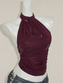 SHEIN ICON Women's Halter Neck Sleeveless Bodycon Asymmetrical Hem Beaded Embroidered Sexy Y2K Crop Top, Autumn/Winter Halter Top Dress Top Scarf Top Halter Tops For Women Sparkling Sequin Top - Red - View 8