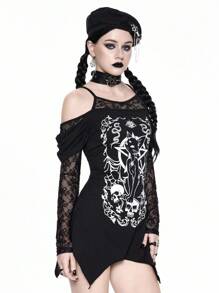 ROMWE Váy ngắn tay dài in hình đầu lâu mèo Gothic, viền bất đối xứng, dây trễ vai, ren tương phản, màu đen, phong cách Halloween - màu đen - Xem 6