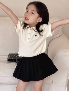 Dazy Kids 少女马匹印花 Polo 领短袖休闲 T 恤，女孩夏季服装