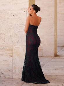 Glamrae Váy đuôi cá xếp nếp hở lưng gợi cảm, sang trọng, ren co giãn, thanh lịch, thích hợp cho đám cưới, tiệc tùng, kỳ nghỉ, dạ tiệc, những dịp trang trọng (Độ bền cao) - Màu Đỏ Sâu - Xem 2