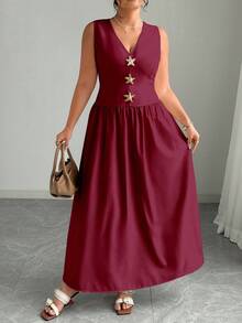 Elenzga Vestido maxi de mujer talla grande de unicolor con cuello en V sin mangas, decorado con broche de estrella de mar en la cintura, elegante y sofisticado - Burdeos - Ver 6