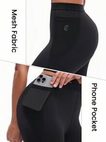 SHEIN Rhythm Era Leggings esportivas femininas premium pretas com patchwork de malha - Preto - Ver 4