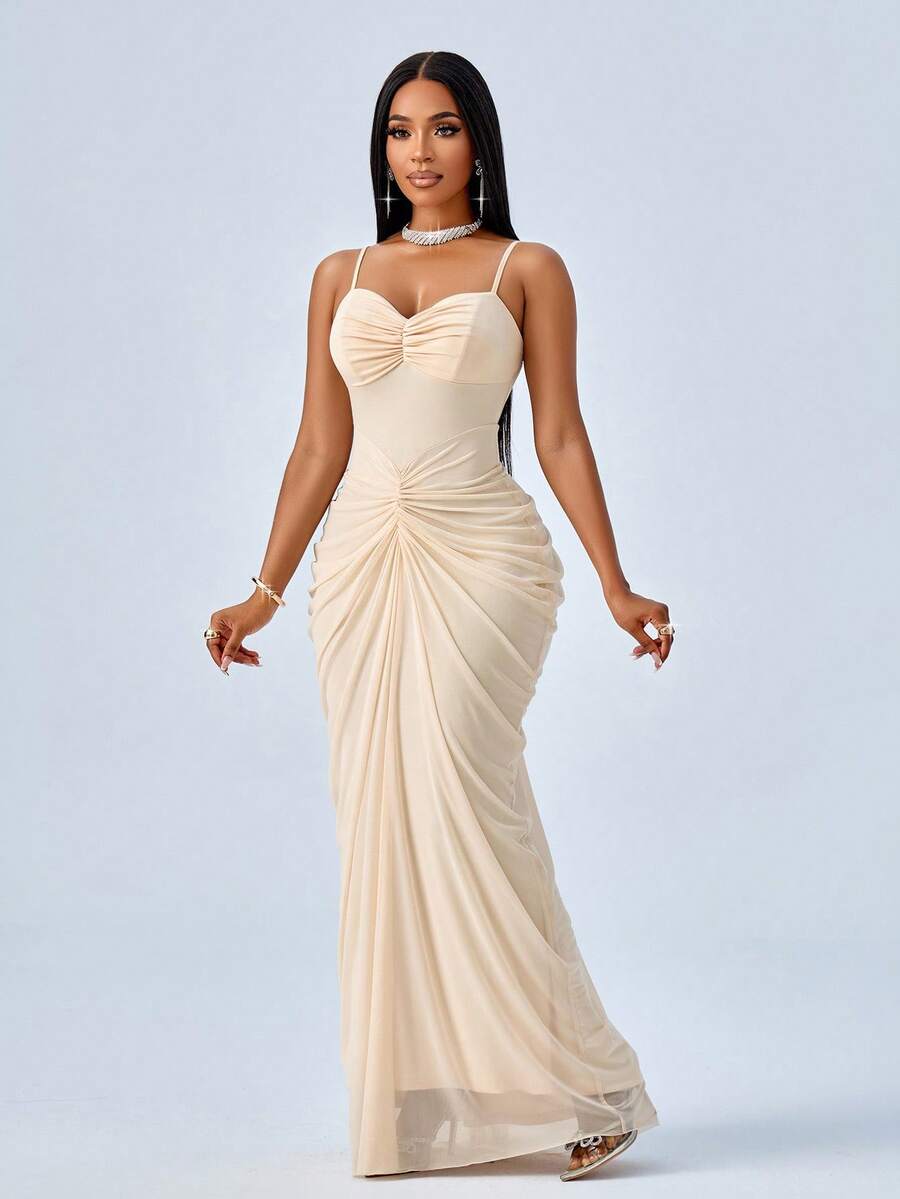 SOLERSUN Đầm ôm sát eo xếp ly phối lưới màu mơ mới của phụ nữ thời trang Châu Âu và Mỹ dự tiệc sang trọng, dự tiệc, tiệc tùng, tiệc tùng, tiệc tùng, dạ hội, đầm dệt kim co giãn thanh lịch, đầm sang trọng mùa xuân/thu cho phụ nữ, đầm cho phụ nữ thanh lịch, đầm trang trọng thanh lịch cho phụ nữ, trang phục trang trọng thanh lịch cho phụ nữ - Màu be - Xem 1