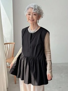 FRIFUL Women's Sleeveless Shirt With Ruffle Hem Patchwork, Loose Solid Color Blouse - Black - View 5