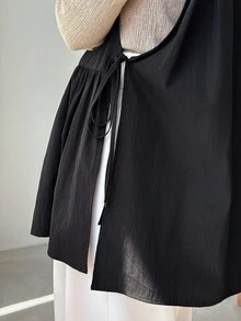 FRIFUL Women's Sleeveless Shirt With Ruffle Hem Patchwork, Loose Solid Color Blouse - Black - View 2