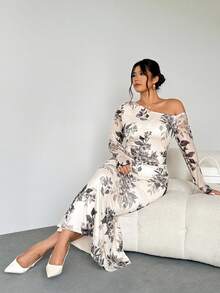 Firerie Plus Size Elegant Vacation/Party Ruched Open Shoulder Elastic Mesh Floral Print Fishtail Long Sleeve Dress For Women, Spring/Autumn - Multicolor - View 3