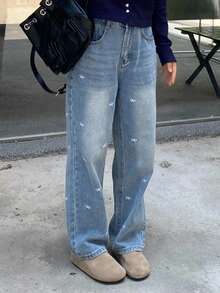 DAZY Teen Girl Straight Leg 7/8 Length Jeans With Bow Embroidery, Sweet Student For Fall - Medium Wash - View 3