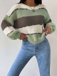 EMERY ROSE Women's Casual Loose Fit Contrast Color Round Neck Drop Shoulder Long Sleeve Sweater, Autumn