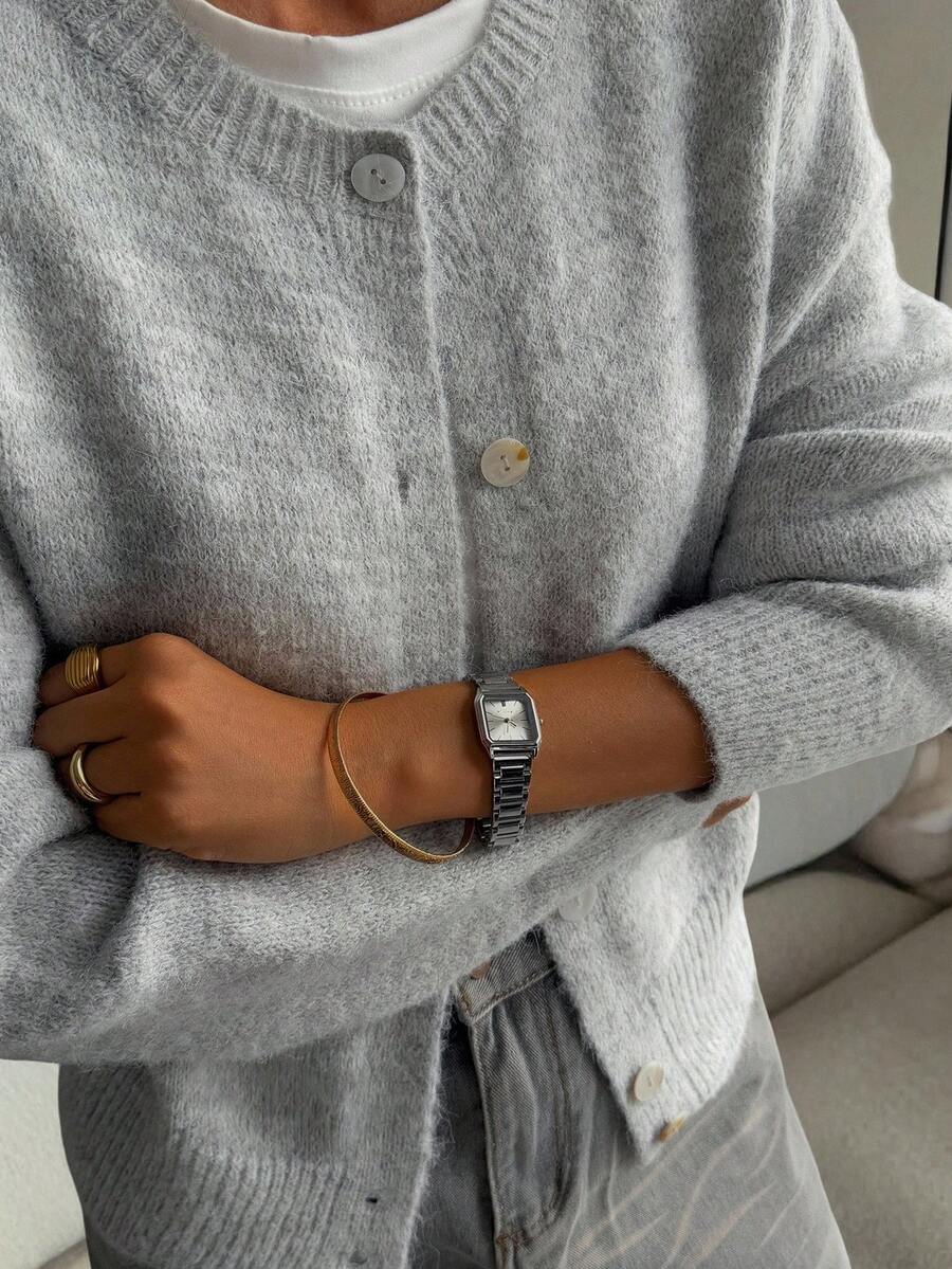 Livesso Women's Solid Color Drop Shoulder Long Sleeve Single-Breasted Casual Loose Cardigan, Autumn/Winter - Grey - View 1