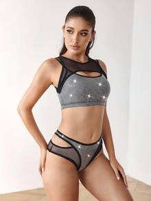 Menodora SHEIN Sport 女士时尚性感闪光网眼拼布镂空吊带背心和内裤，其他舞蹈服装 - 銀色 - 查看 7