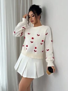 Selianne Women's Casual Heart-Shaped Faux Pearl Crew Neck Raglan Sleeve Sweater, Autumn - White - View 4
