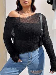 SHEIN EZwear Plus Lettuce Trim Sheer Top Without Bra - Black - View 4