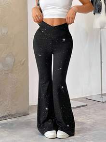 SHEIN EZwear High Waist Flared Shiny Stretchy Knit Black Long Flare Pants, Suitable For Vacation, Outing, Date, Party, Casual Daily Wear, Plus Size - Black - View 1